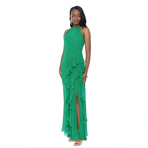 Betsy and Adam B&A Green Ruffle Chiffon Maxi Gown Dress Formal Size 16 New - Picture 2 of 7